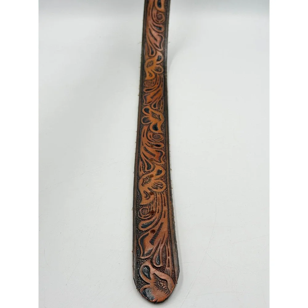 Beaver Buckle Co Belt Brown Tooled Leather Floral Arrowhead Buckle 38